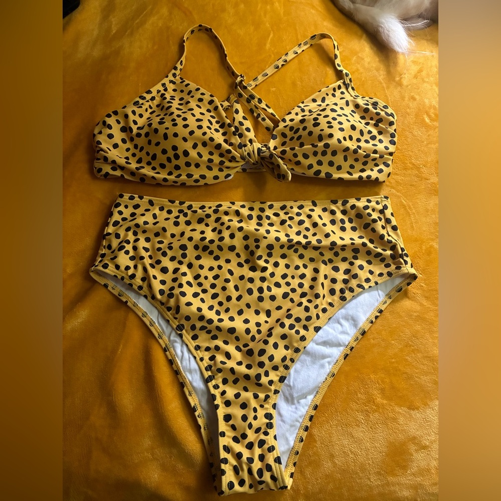 Modcloth Yellow Polka Dot Cheetah Bikini Top XL
